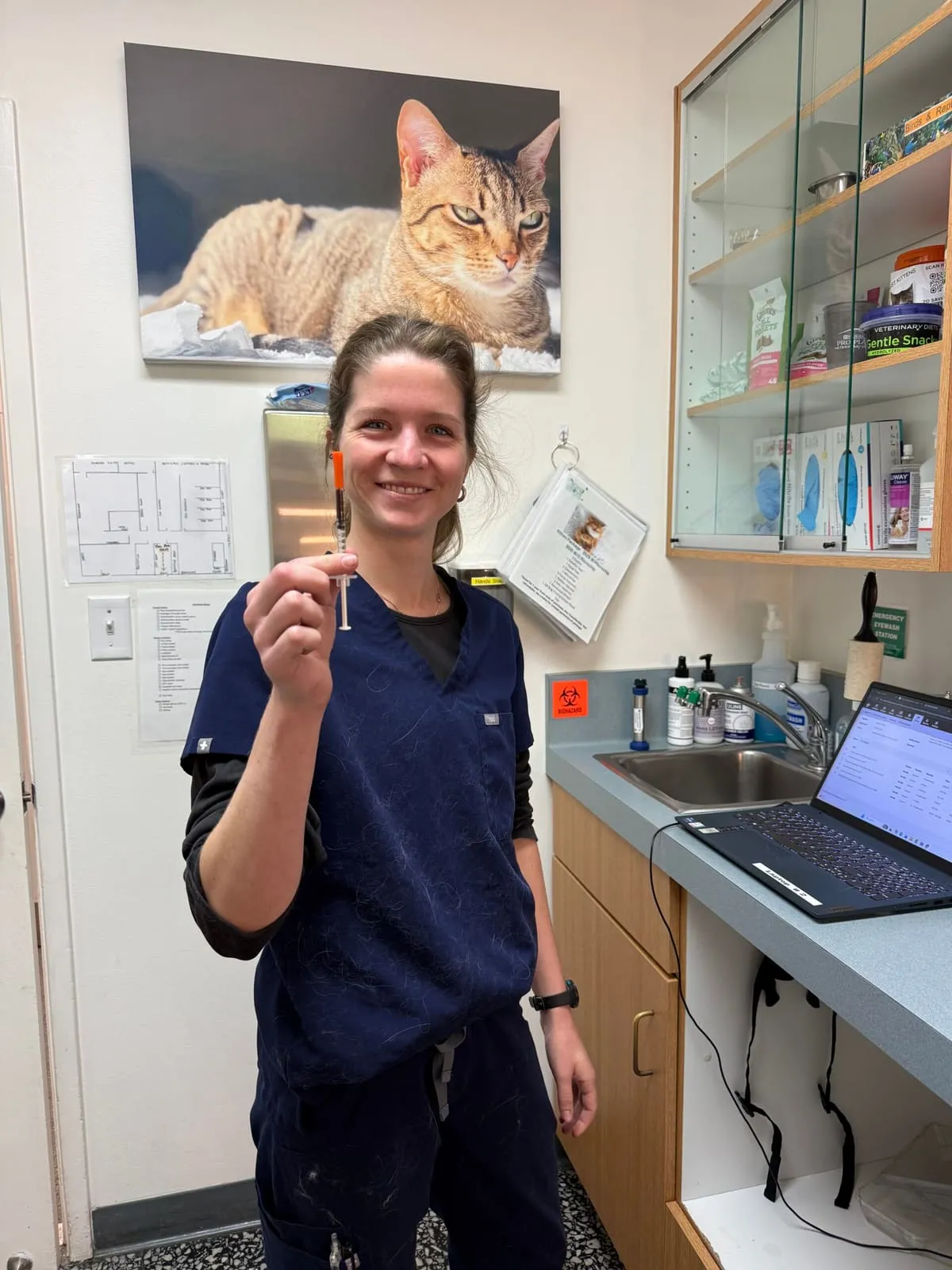 Team member Camille celebrating her first blood draw