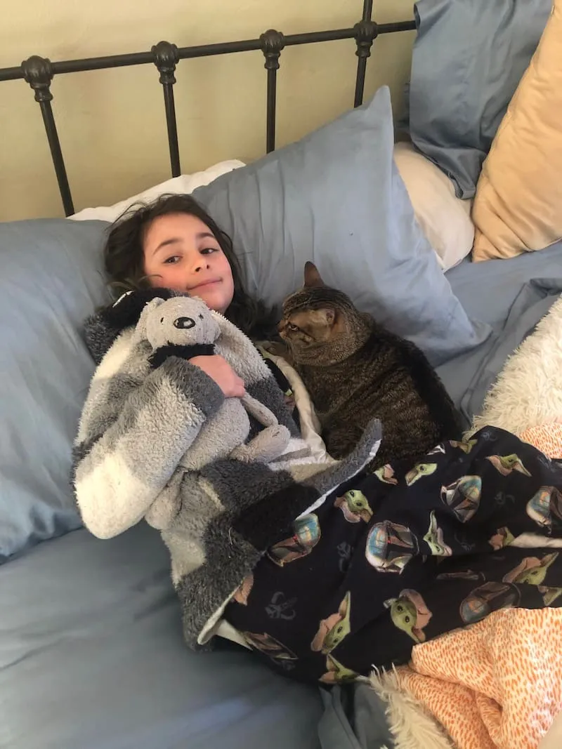 A girl cuddling her tabby cat in bed