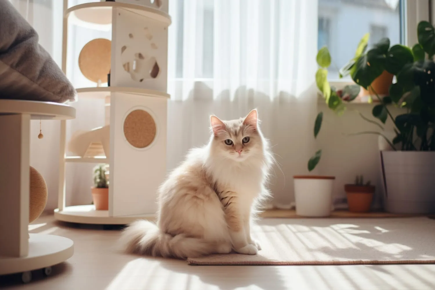 A fluffy cat sitting in a bright living room