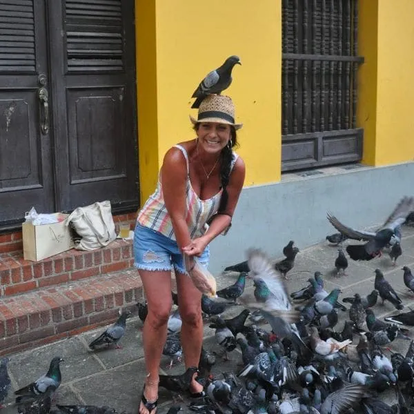 Team member Kathy surrounded by pigeons, one perched on her hat
