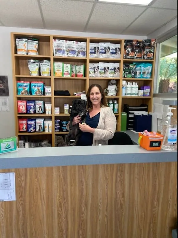 A team member holding a small dog behind the reception desk
